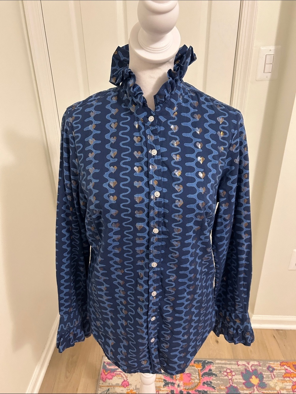 Oliphant Zig Zag Metallic Heart Button Down Cotton Blouse Size Small Nomad Blue